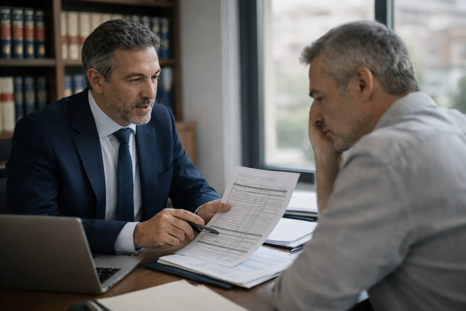 Abogado asesorando a cliente sobre deudas en despacho jurídico
